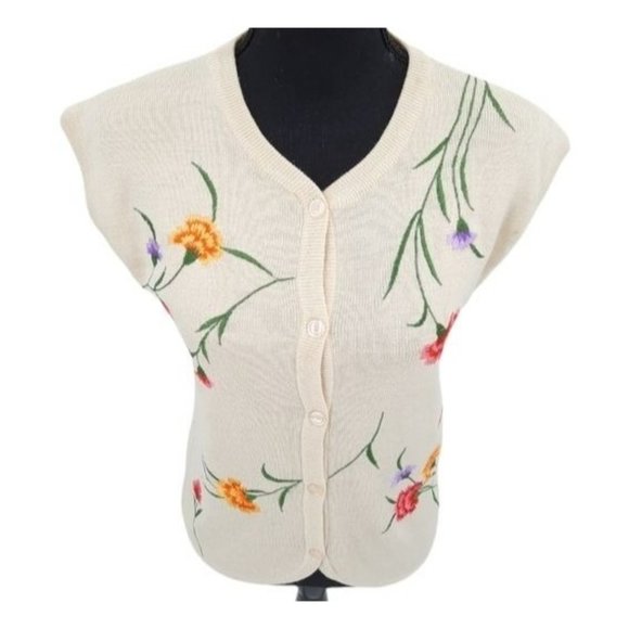 VTG 70s Leroy Ivory Floral Embroidered Sleeveless Button Front Sweater Vest M - Picture 4 of 11